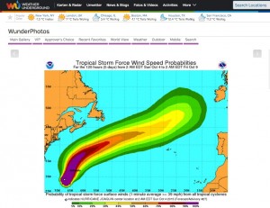 Die Wetterseite „Weather Underground“ markiert den voraussichtlichen Verlauf von Stürmen als Korridor. Screenshot: wunderground.com