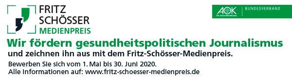 Der AOK Bundesverband fördert gesundheitspolitischen Journalismus und zeichnet ihn mit dem Fritz-Schösser-Medienpreis aus. Bewerben Sie sich bis zum 30. Juni 2020. Informationen auf: https://www.aok-bv.de/engagement/medienpreis/