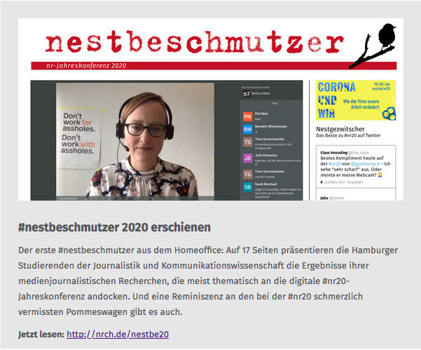 Der erste #nestbeschmutzer aus dem Homeoffice: Auf 17 Seiten präsentieren die Hamburger Studierenden der Journalistik und Kommunikationswissenschaft die Ergebnisse ihrer medienjournalistischen Recherchen, die meist thematisch an die digitale #nr20-Jahreskonferenz andocken. Und eine Reminiszenz an den bei der #nr20 schmerzlich vermissten Pommeswagen gibt es auch. Jetzt lesen: http://nrch.de/nestbe20