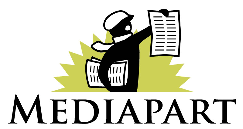 Das Logo von Mediapart; Piktogramm eines Zeitungsverkäufers, der Zeitungen feilbietet