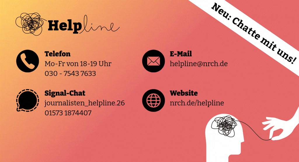 Das Team der Helpline ist über Signal erreichbar und gibt auch Workshops für Redaktionen. Alle Infos dazu unter nrch.de/helpline