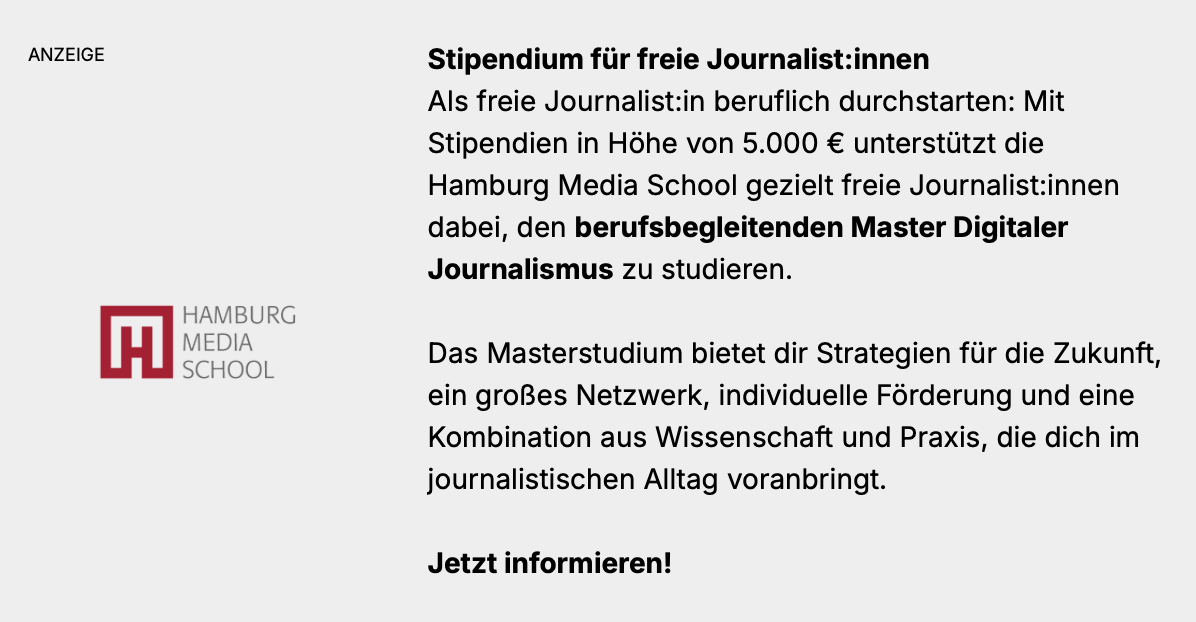 Stipendium für freie Journalist:innen. Als freie Journalist:in beruflich durchstarten: Mit Stipendien in Höhe von 5.000 € unterstützt die Hamburg Media School gezielt freie Journalist:innen dabei, den berufsbegleitenden Master Digitaler Journalismus zu studieren.  Das Masterstudium bietet dir Strategien für die Zukunft, ein großes Netzwerk, individuelle Förderung und eine Kombination aus Wissenschaft und Praxis, die dich im journalistischen Alltag voranbringt. 