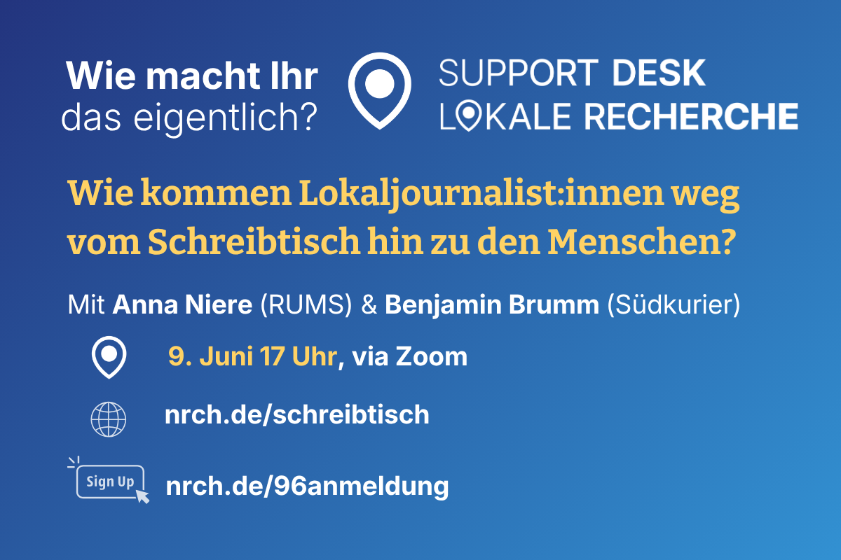 Wie kommen Lokaljournalist:innen weg vom Schreibtisch hin zu den Menschen? Dazu diskutieren wir auf Zoom.